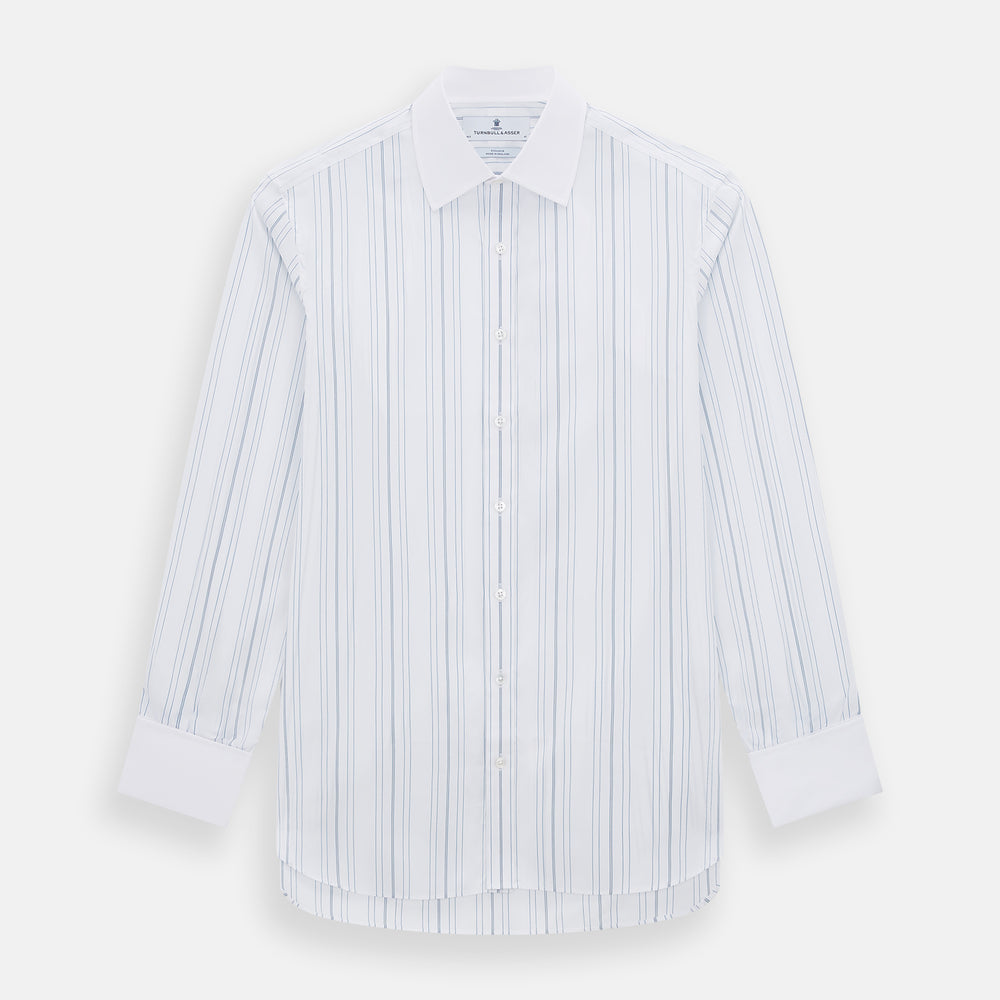 The Turnbull & Asser Pale Blue Multi Stripe Shirt features thin vertical stripes, a contrast collar, and double cuffs, displayed on a plain light background.