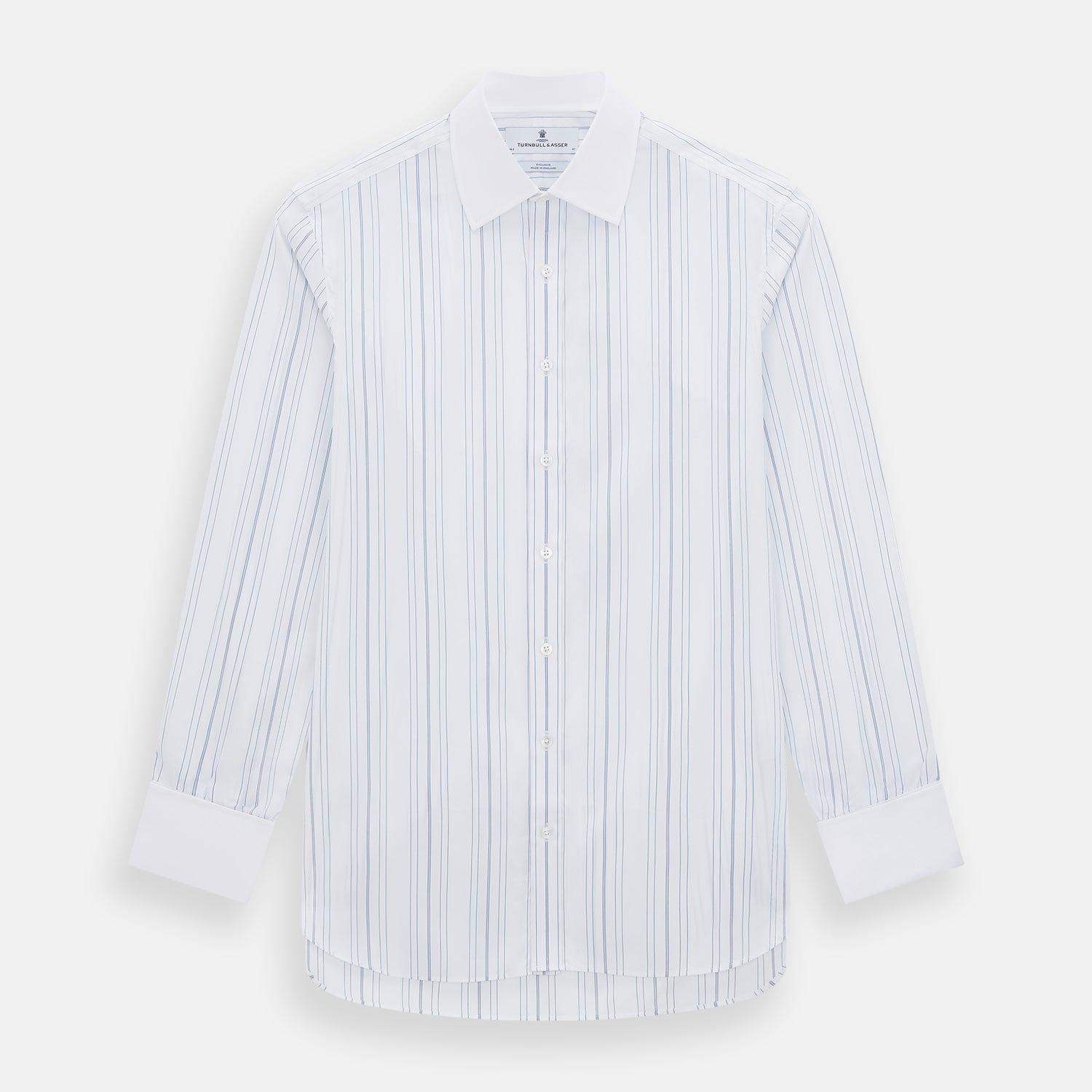 View 1 of product The Turnbull & Asser Pale Blue Multi Stripe Shirt features thin vertical stripes, a contrast collar, and double cuffs, displayed on a plain light background.