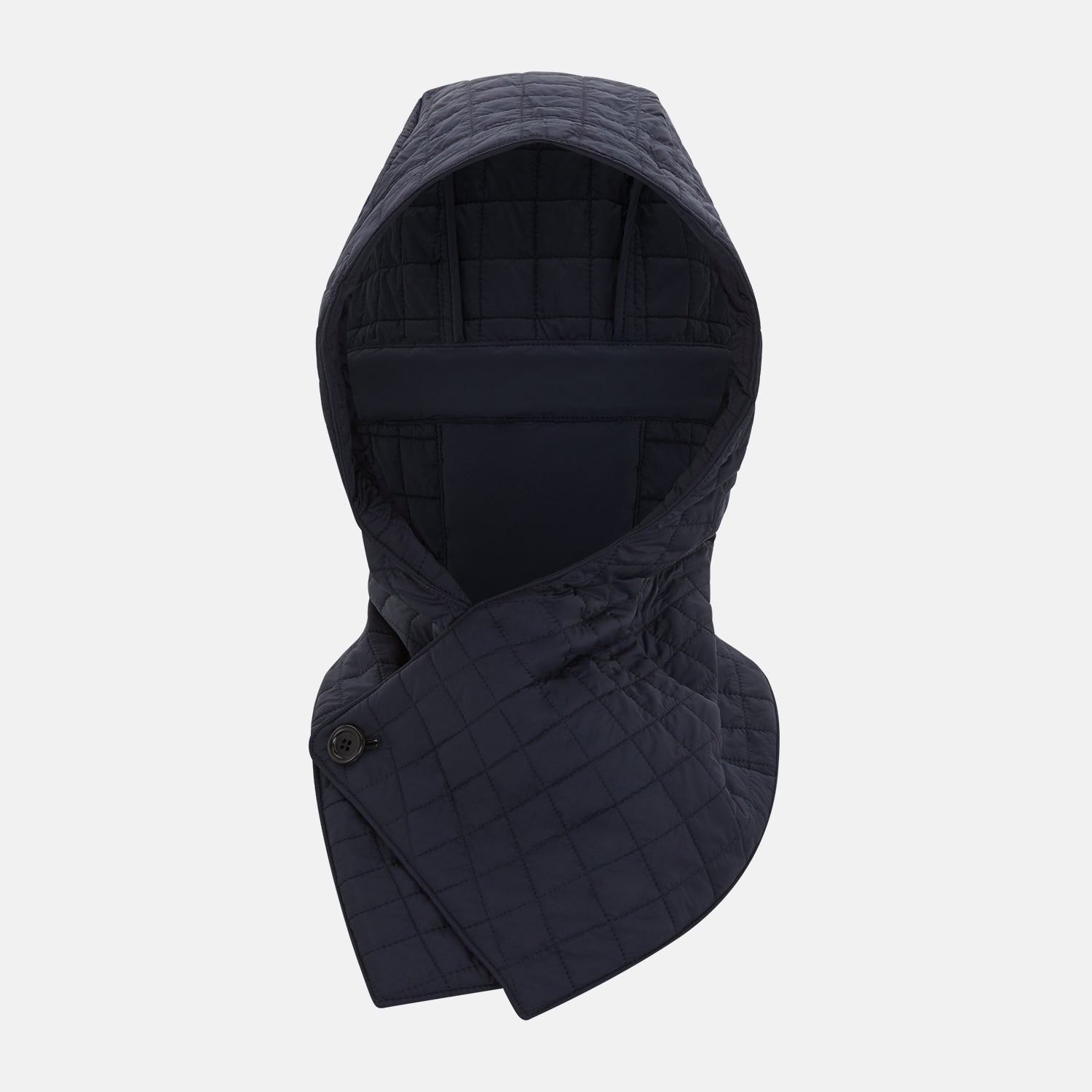 View 1 of product The Turnbull & Asser Navy Quilted Hood with Neck Warmer features diamond pattern stitching, a structured hood, overlapping collar, and button closure, shown on a plain white background.