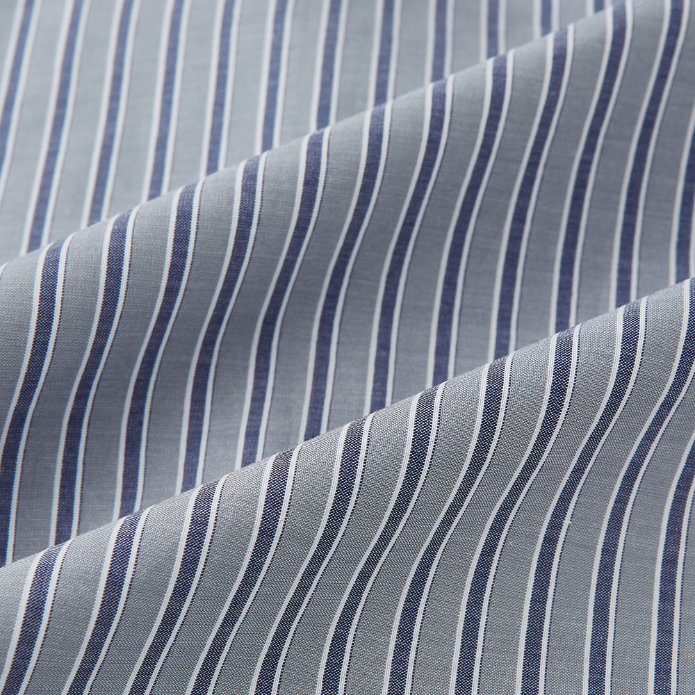 The Turnbull & Asser Grey Ticking Stripe Westminster Shirt features thin vertical grey stripes and a classic collar, showcased against a plain white background.