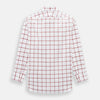 View 3 of product The Turnbull & Asser Dark Red Grid Check Mayfair Shirt is a long-sleeve white shirt made from Italian cotton, featuring a bold dark red grid pattern, button-down front, and classic collar, shown laid flat on a white background.