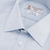 View 2 of product The Turnbull & Asser Two-Fold 120 Light Blue Shirt features a T&A collar, 3-button cuffs, white buttons, front pocket, and inner collar label. It is displayed neatly folded on a plain white background.