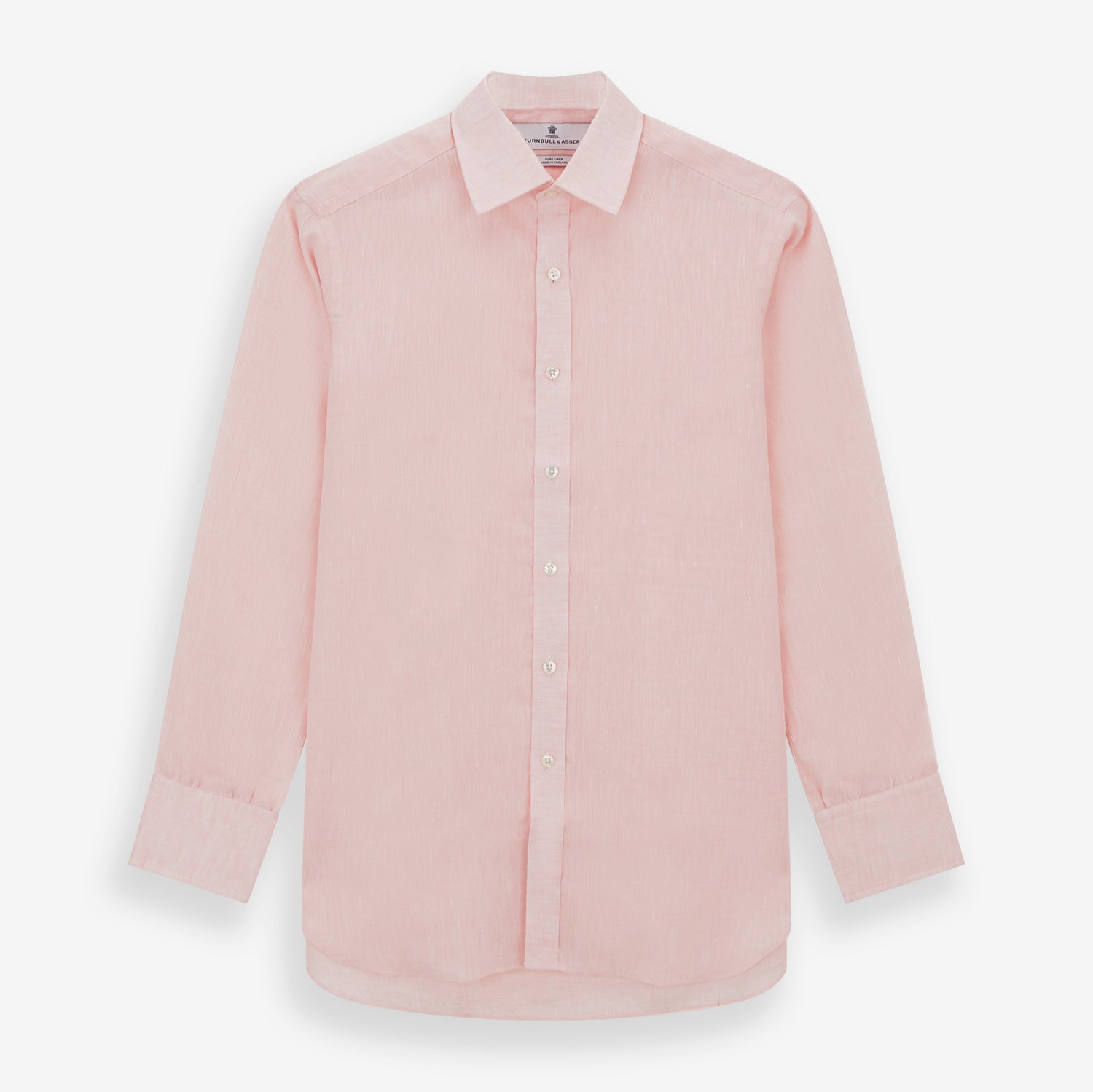 View 1 of product The Turnbull & Asser Pink Linen Shirt features a T&A collar, 3-button cuffs, and classic white buttons. This long-sleeved summer staple is shown on a plain white background.