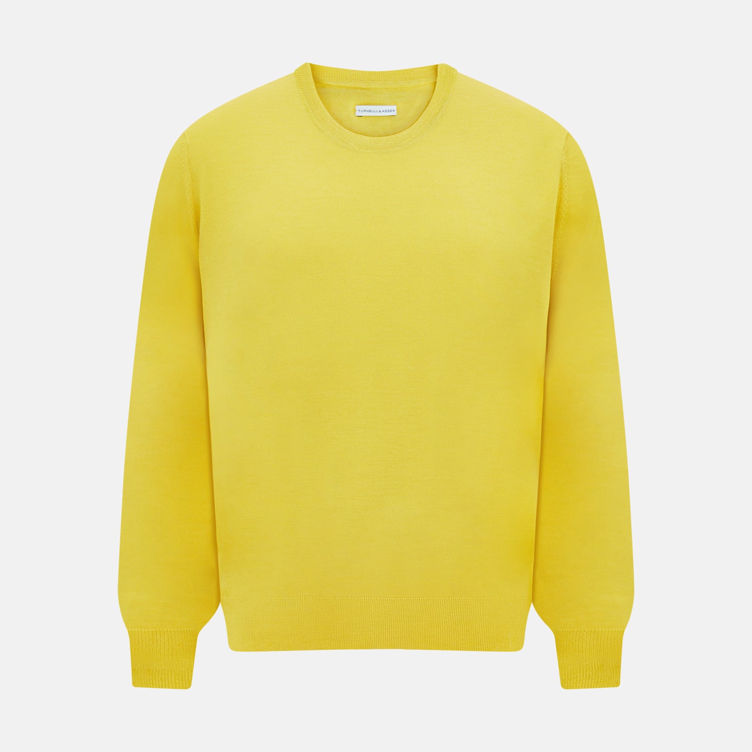 View 1 of product The Turnbull & Asser Canary Yellow Merino Round Neck Jumper features long sleeves and a crew neckline, shown here against a white background.
