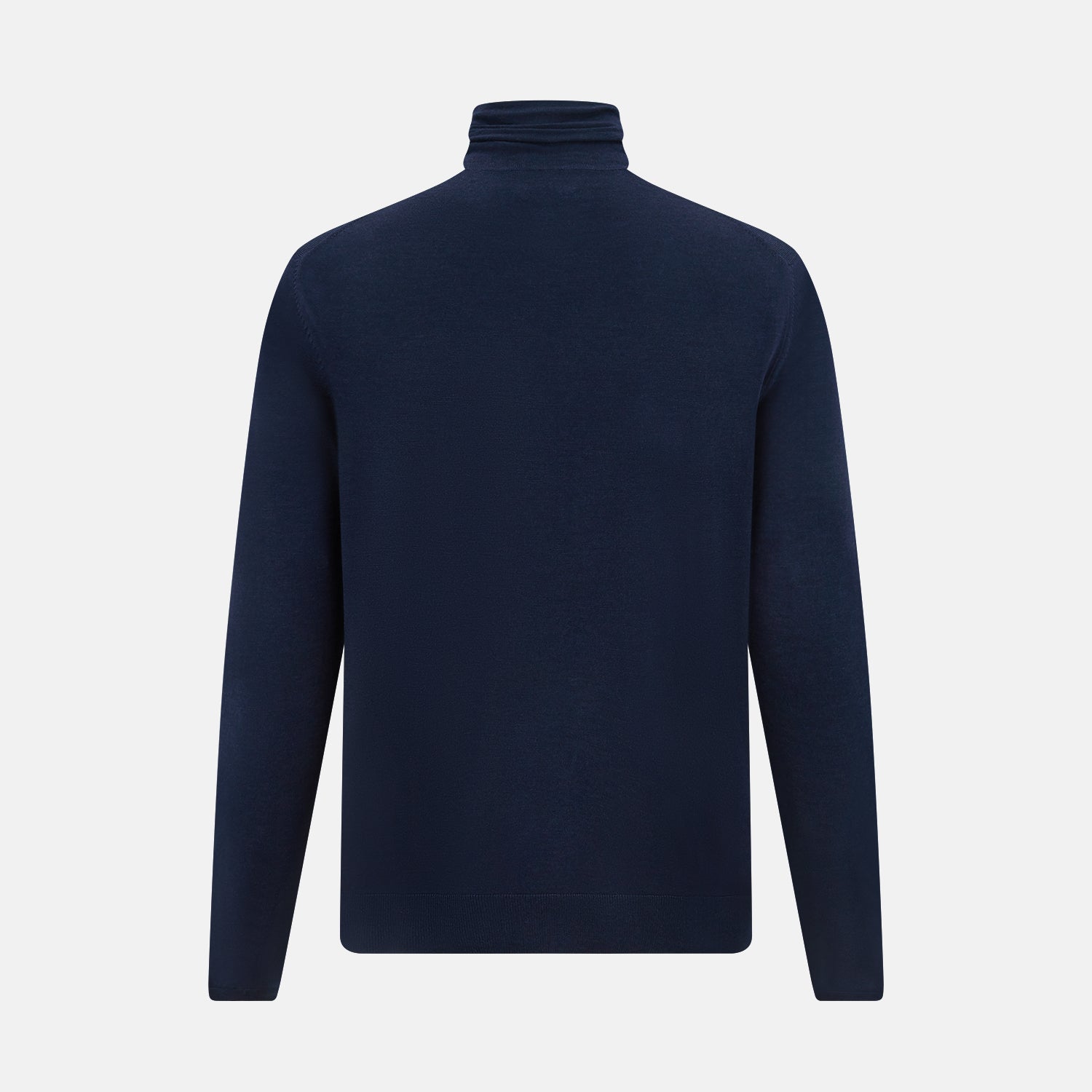 View 3 of product The Turnbull & Asser Navy Fine Merino High Neck Jumper, a plain long-sleeved piece crafted from premium merino wool, is shown on a white background.