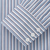 View 4 of product The Turnbull & Asser Blue and White Stripe Cotton Regular Fit Mayfair Shirt features long sleeves, a button-up front, collar, buttoned cuffs, and vertical stripes, shown on a white background.