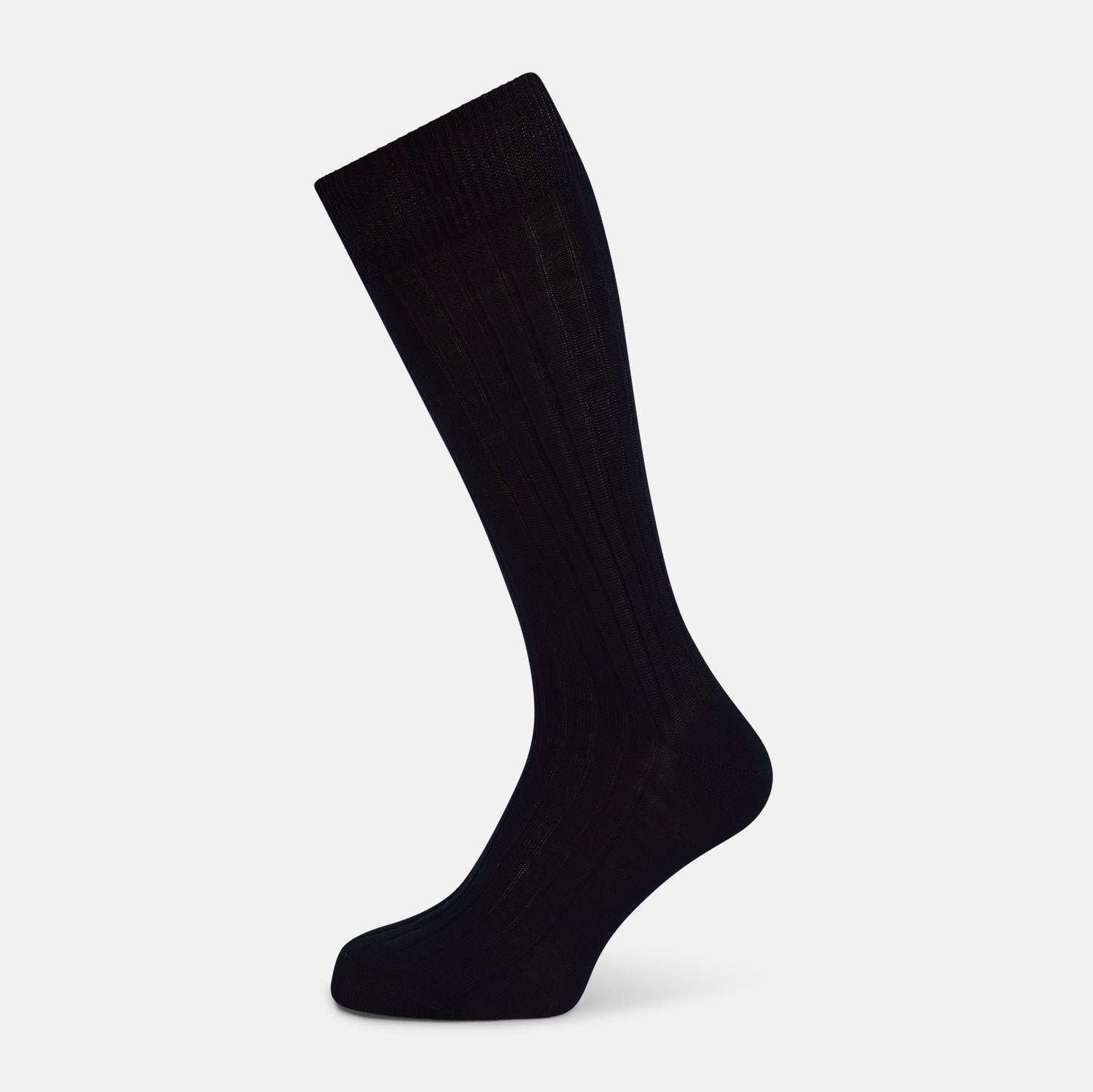 View 1 of product A single Midnight Thick Knit Mid-Length Sock by Turnbull & Asser, crafted from black mercerised Egyptian cotton, is shown in side profile against a plain white background with the toe pointing left.