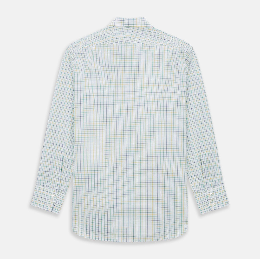 The Turnbull & Asser Multi Tone Double Grid Check Mayfair Shirt is a long-sleeve, button-up with a classic collar, showcasing pure cotton light blue, green, and yellow grid checks on white, neatly displayed flat against a white surface.