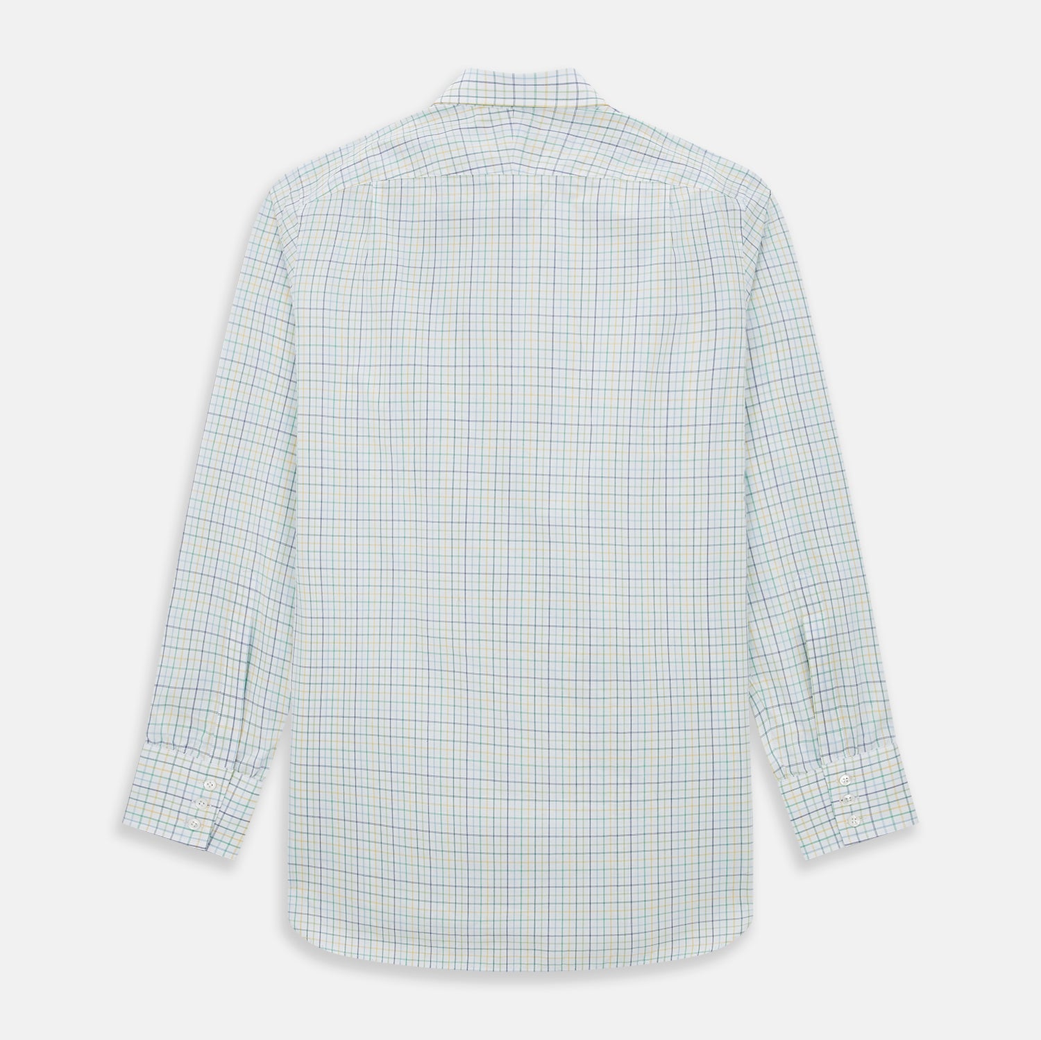 View 3 of product The Turnbull & Asser Multi Tone Double Grid Check Mayfair Shirt is a long-sleeve, button-up with a classic collar, showcasing pure cotton light blue, green, and yellow grid checks on white, neatly displayed flat against a white surface.