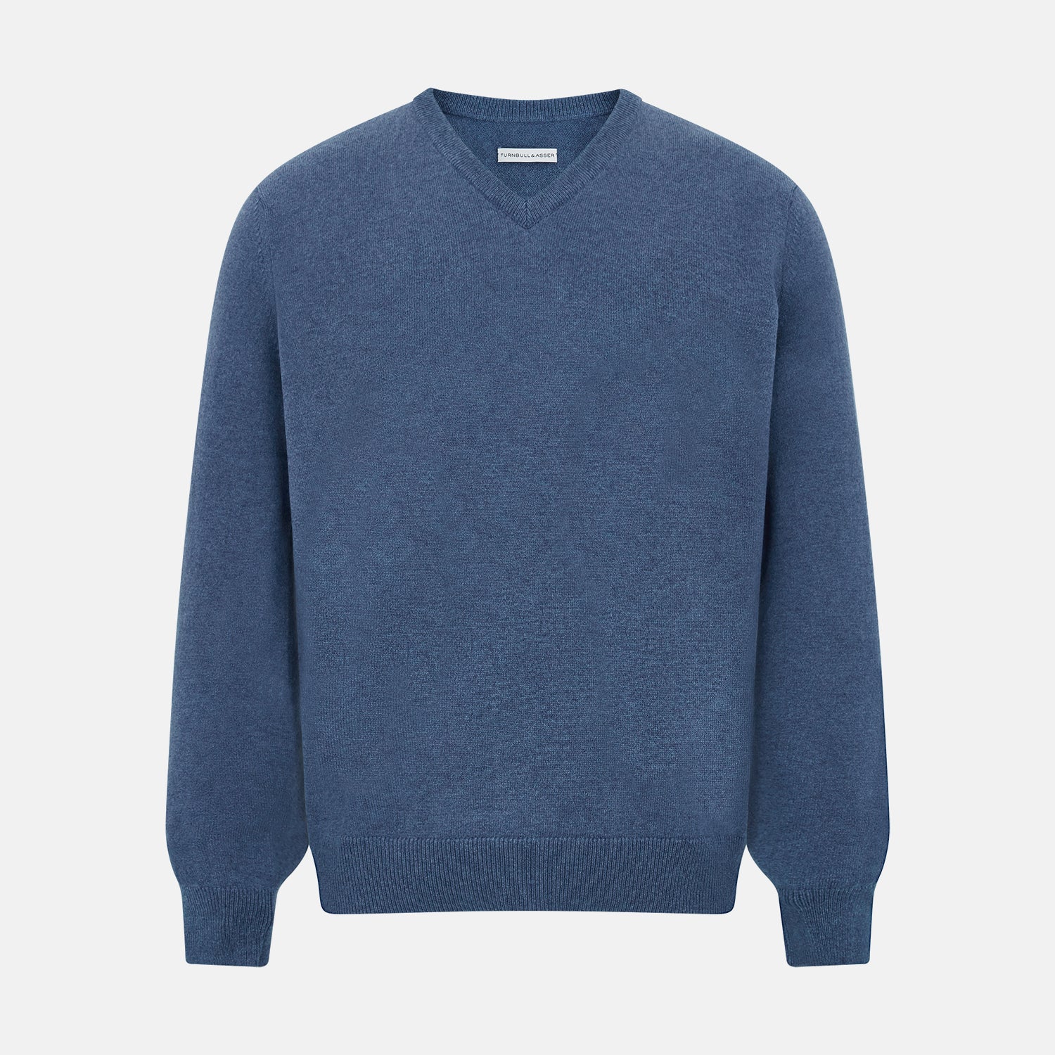 View 1 of product Turnbull & Asser’s Pacific Blue Cashmere V-Neck Jumper features ribbed cuffs, hem, and neckline, shown on a white background.