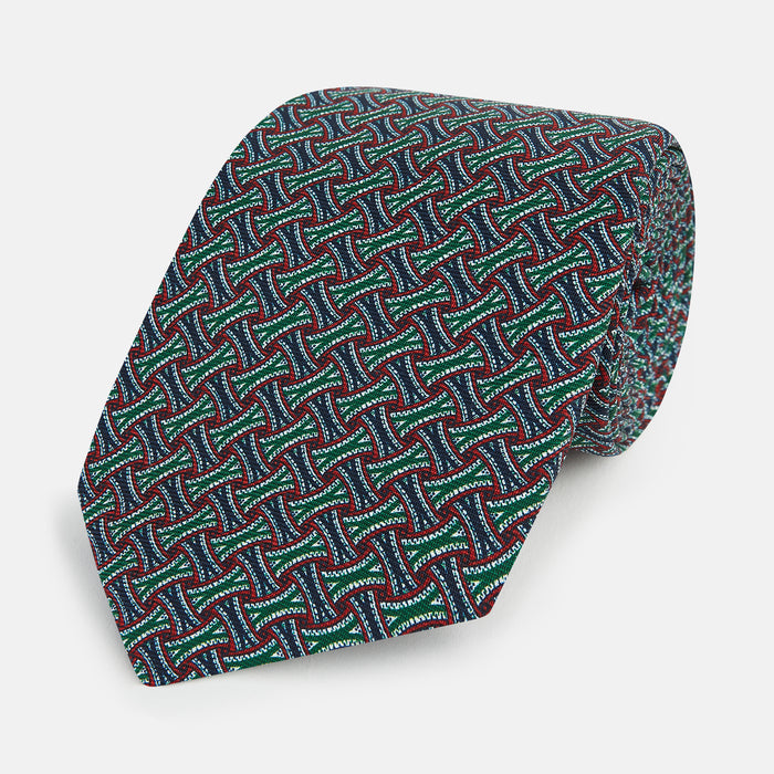Forest Green and Red Weave-Patterned Printed Silk Tie