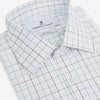 View 2 of product The Blue Grid Check Mayfair Shirt by Turnbull & Asser is a long-sleeve, button-up shirt with a T&A collar, crafted from organic cotton in a light and dark blue grid pattern, shown flat against a white background.