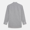 View 5 of product The Turnbull & Asser Grey Gingham Check Cotton Melange Regular Fit Mayfair Shirt, shown flat against a white background, offers a classic designer look with its small black and white check pattern and button-down design.
