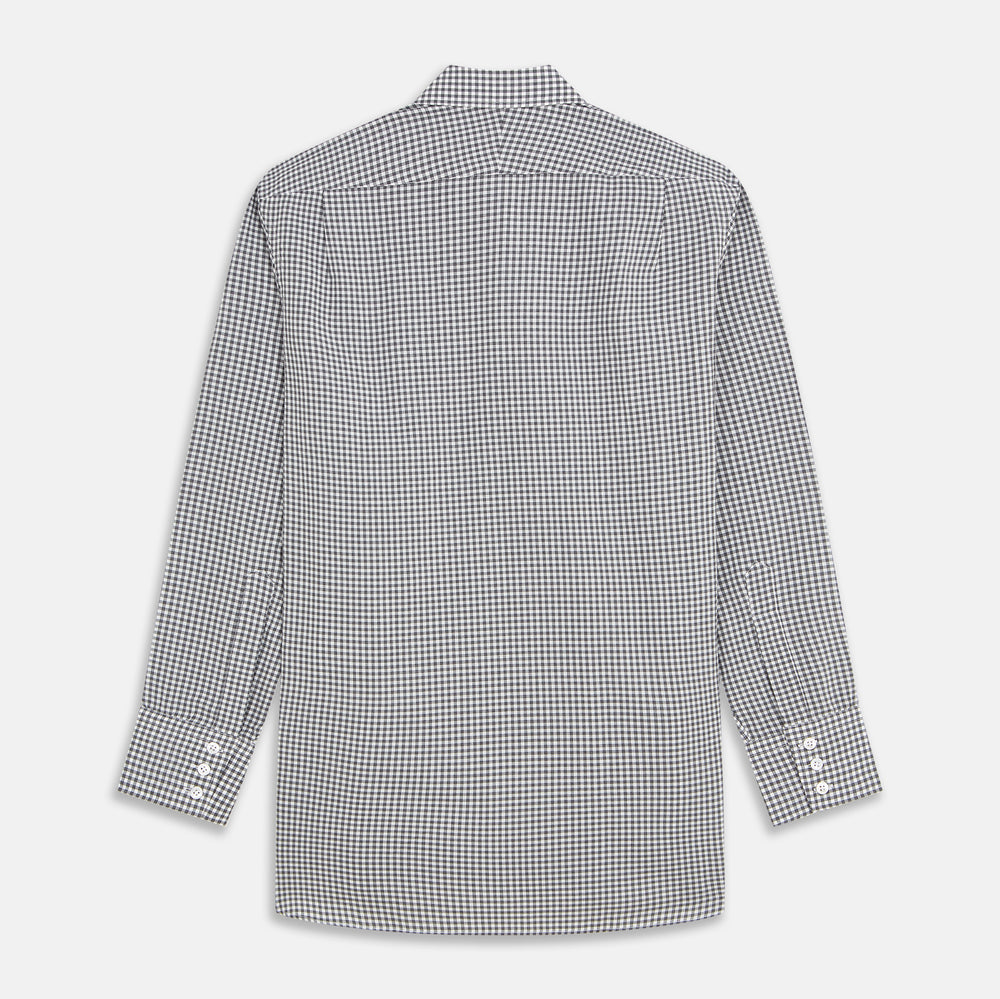 The Turnbull & Asser Grey Gingham Check Cotton Melange Regular Fit Mayfair Shirt, shown flat against a white background, offers a classic designer look with its small black and white check pattern and button-down design.