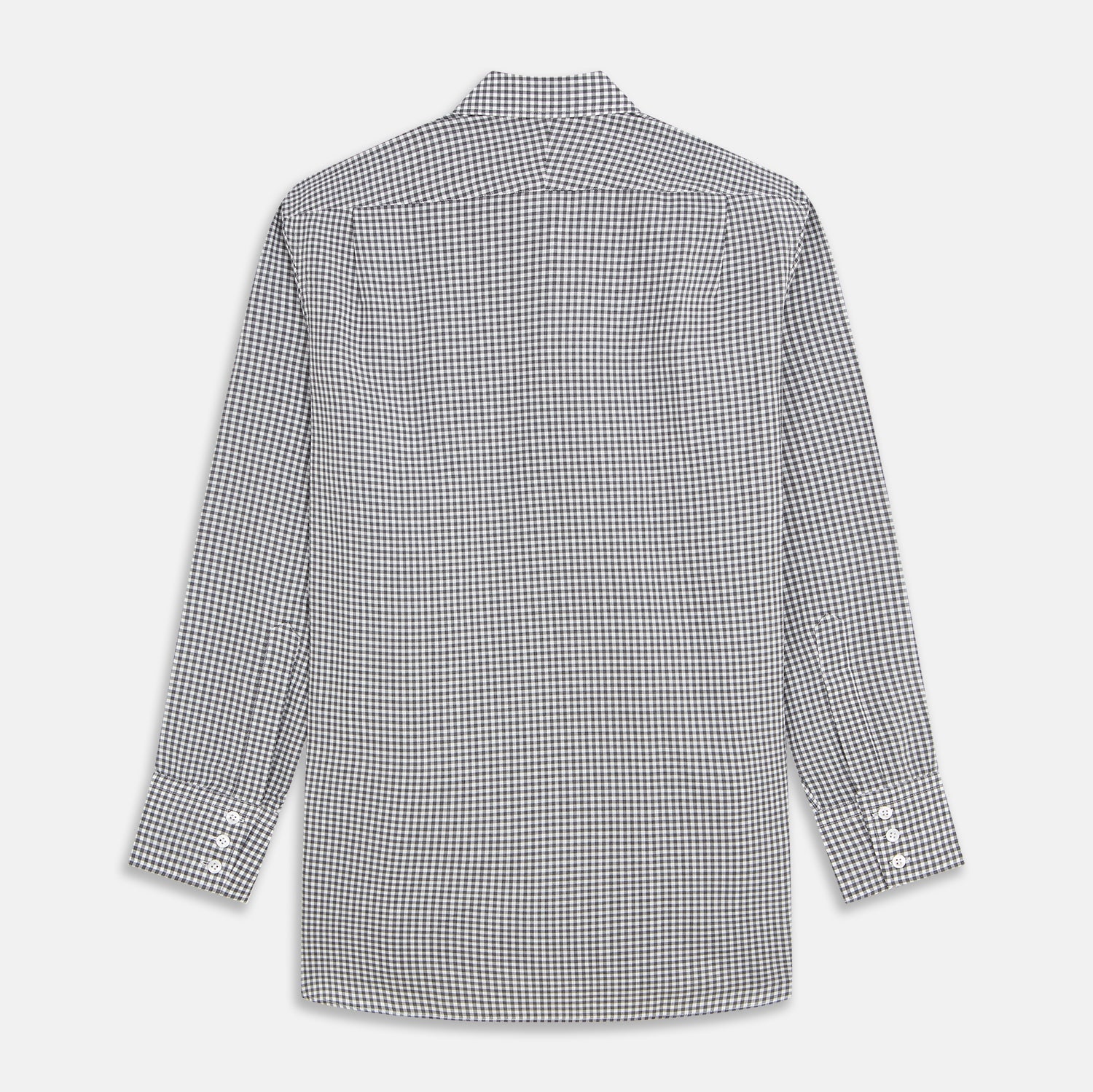 View 5 of product The Turnbull & Asser Grey Gingham Check Cotton Melange Regular Fit Mayfair Shirt, shown flat against a white background, offers a classic designer look with its small black and white check pattern and button-down design.
