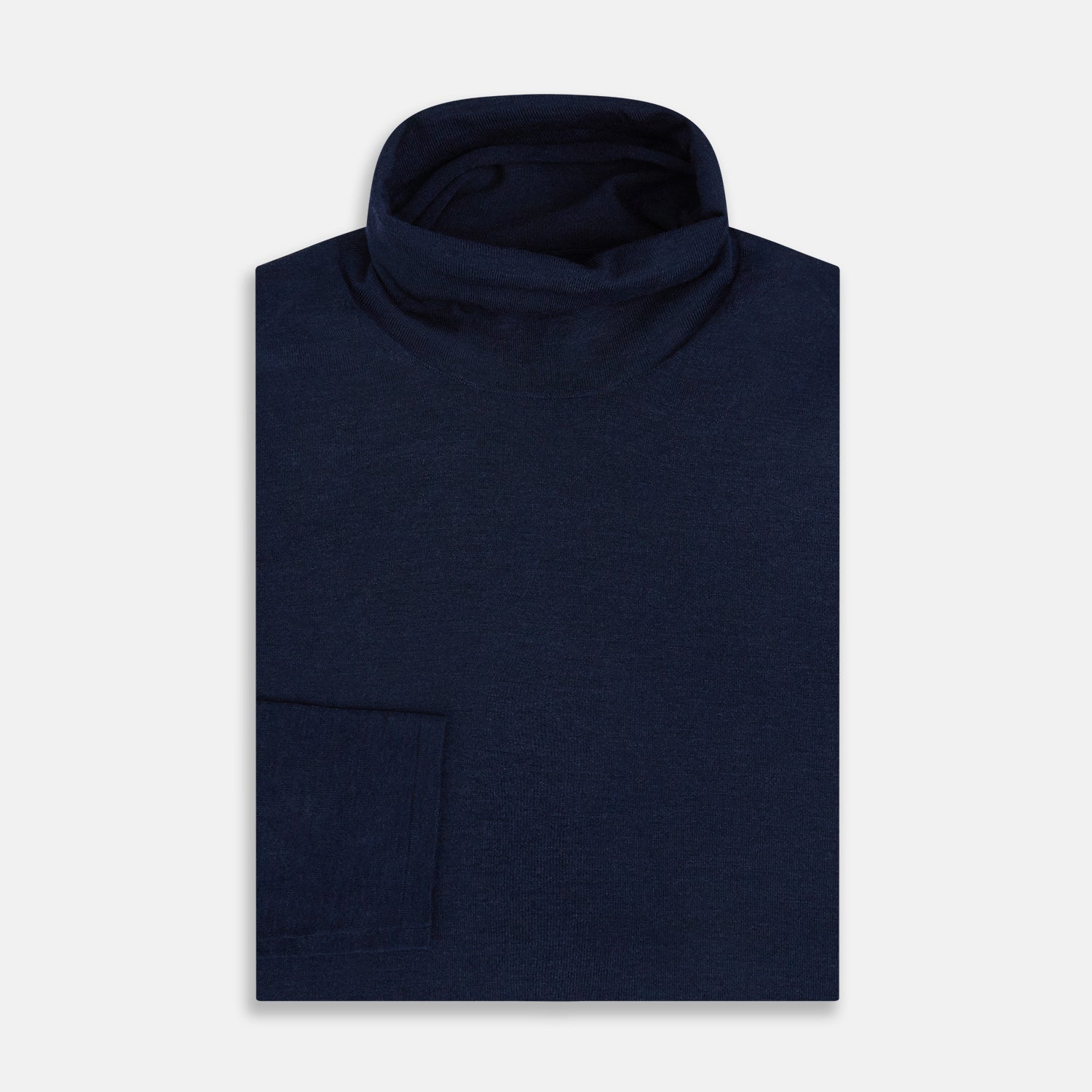 View 4 of product The Turnbull & Asser Navy Fine Merino High Neck Jumper, a plain long-sleeved piece crafted from premium merino wool, is shown on a white background.