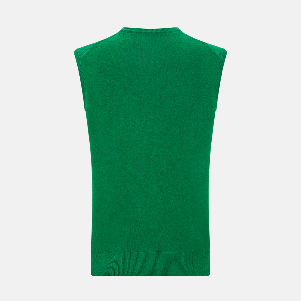 The Turnbull & Asser Grass Green Cashmere V-Neck Vest is shown against a plain white background, offering a refined choice for a distinguished ensemble.
