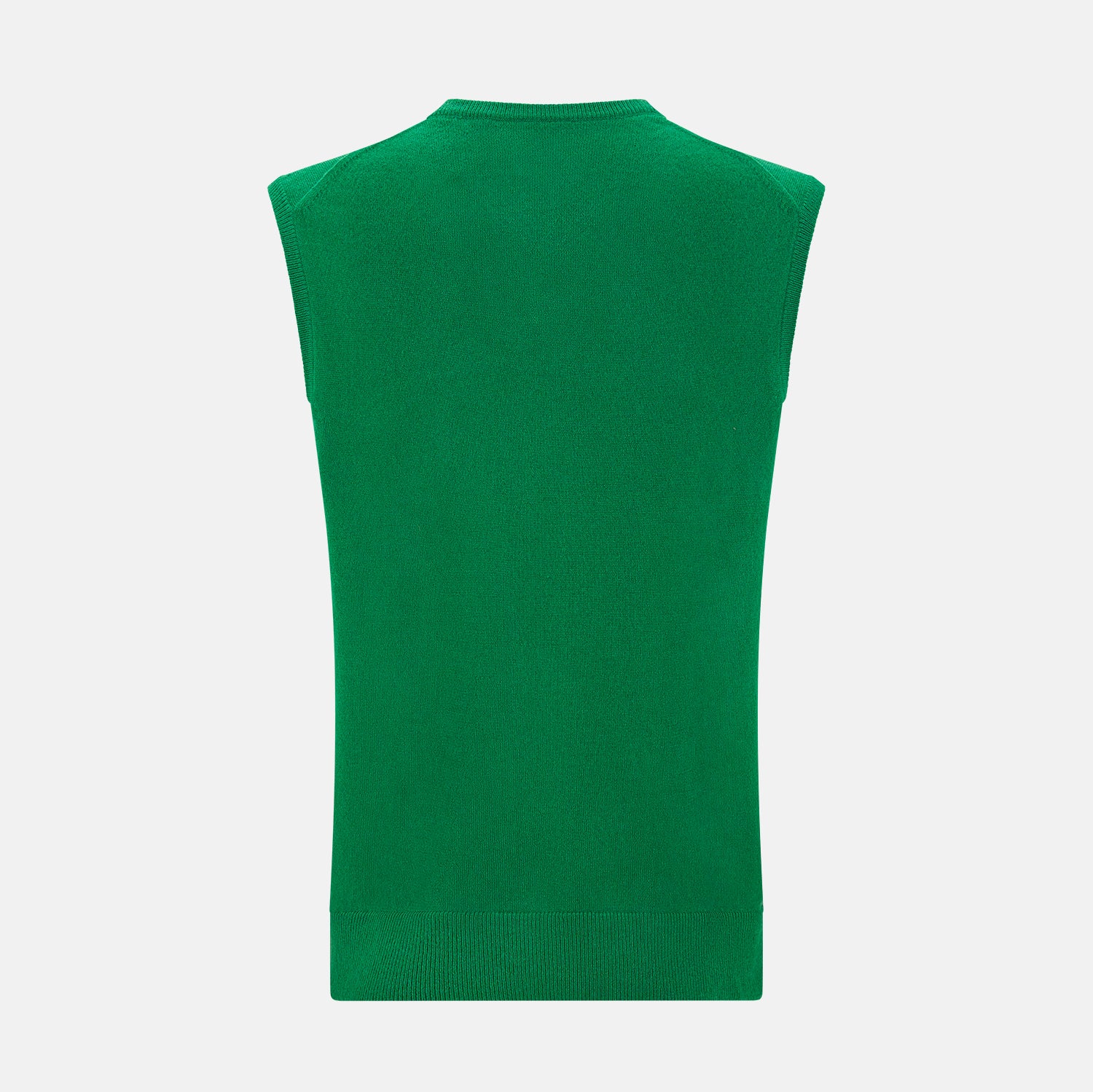 View 3 of product The Turnbull & Asser Grass Green Cashmere V-Neck Vest is shown against a plain white background, offering a refined choice for a distinguished ensemble.