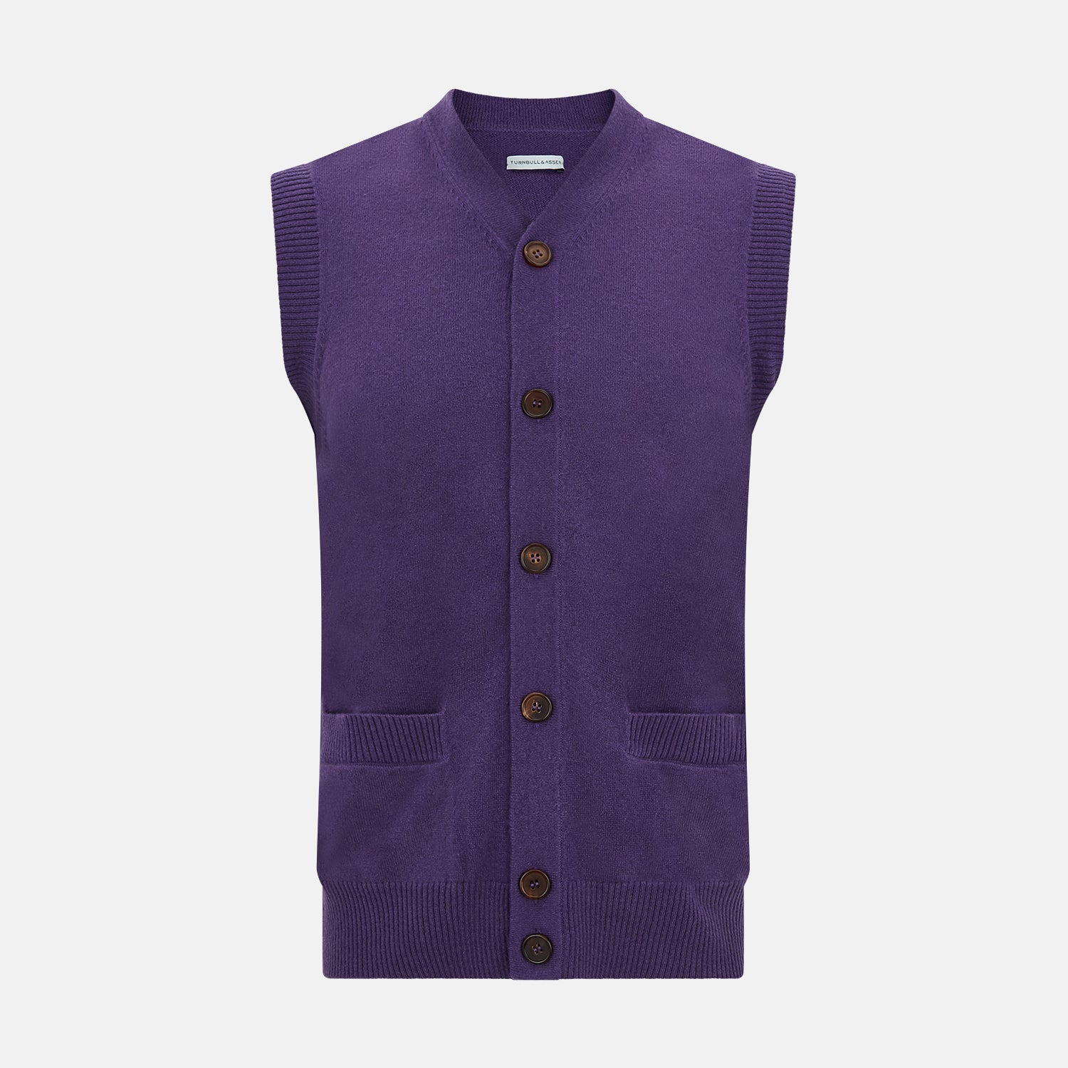 View 1 of product The Turnbull & Asser Purple Cashmere Sleeveless Cardigan features a V-neck, brown buttons, front pockets, and ribbed trim—an elegant, lightweight layer shown against a plain white background.