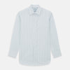 View 1 of product The Blue Wide Pinstripe Mayfair Shirt by Turnbull & Asser is a contemporary long-sleeve button-down with a collar, crafted from white fabric with bold vertical blue pinstripes. It is displayed neatly on a plain white background.