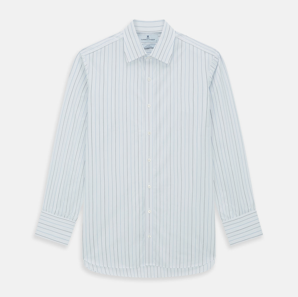 The Blue Wide Pinstripe Mayfair Shirt by Turnbull & Asser is a contemporary long-sleeve button-down with a collar, crafted from white fabric with bold vertical blue pinstripes. It is displayed neatly on a plain white background.