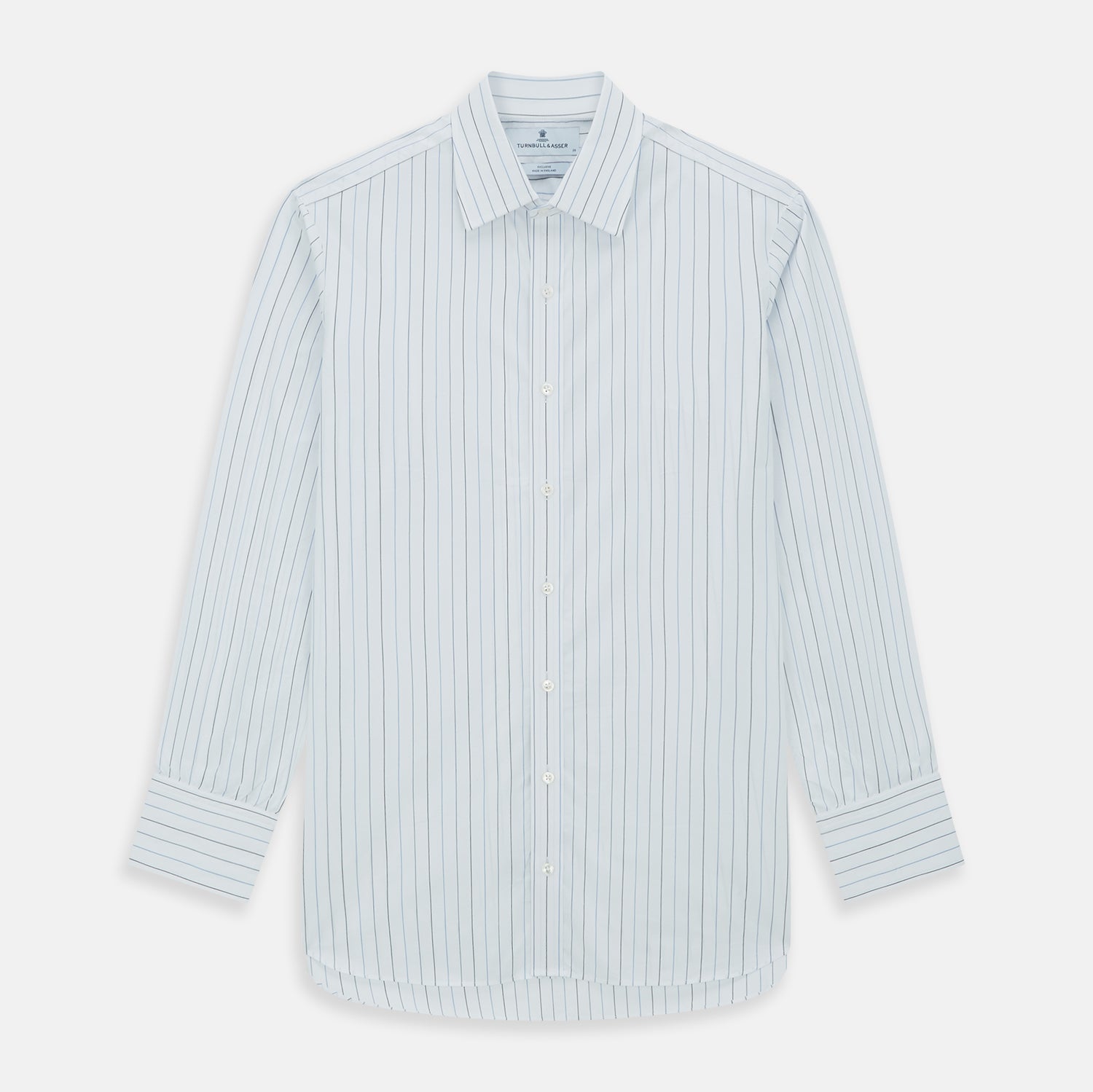 View 1 of product The Blue Wide Pinstripe Mayfair Shirt by Turnbull & Asser is a contemporary long-sleeve button-down with a collar, crafted from white fabric with bold vertical blue pinstripes. It is displayed neatly on a plain white background.