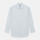 The Blue Wide Pinstripe Mayfair Shirt by Turnbull & Asser is a contemporary long-sleeve button-down with a collar, crafted from white fabric with bold vertical blue pinstripes. It is displayed neatly on a plain white background.