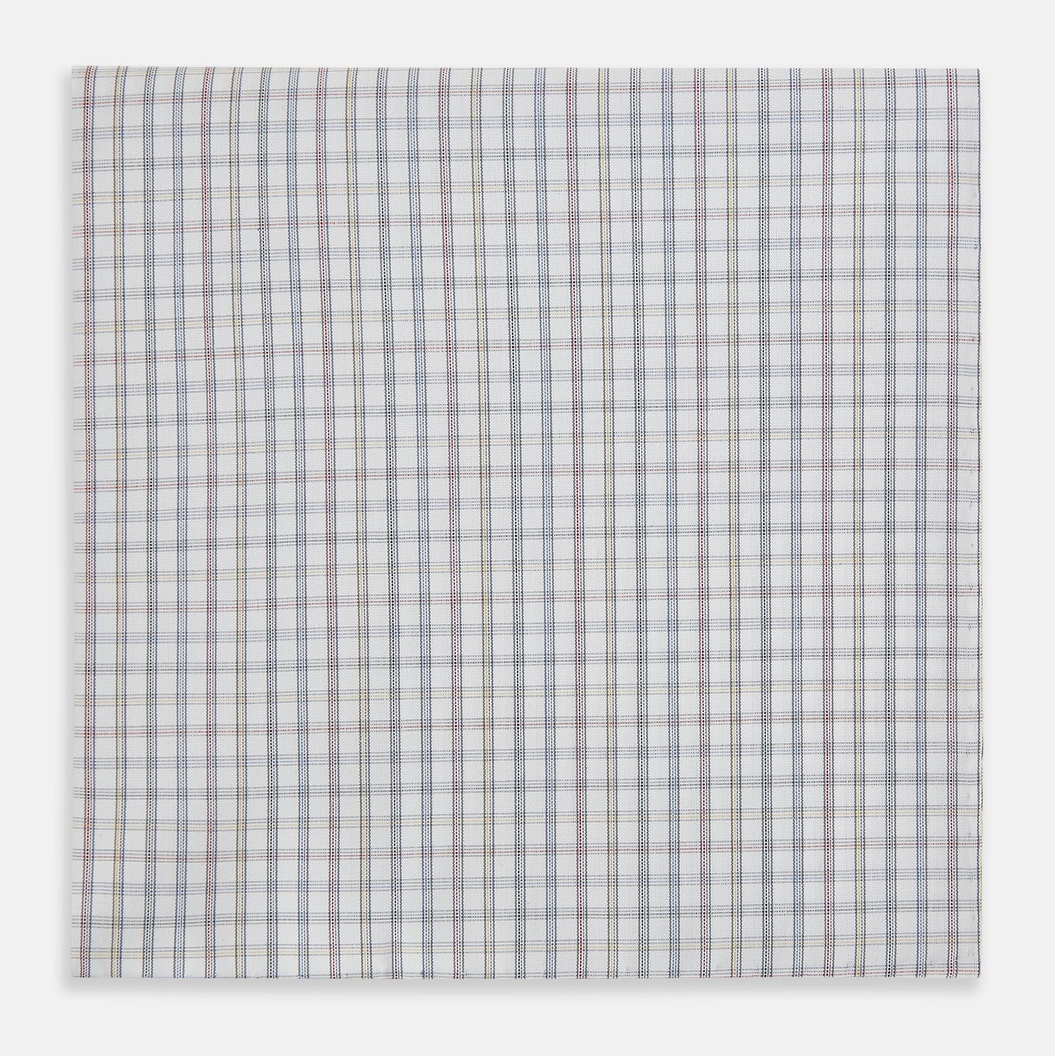 View 1 of product The Sky Blue Multi Graph Check Hand-Rolled Handkerchief by Turnbull & Asser features thin blue, red, and beige lines forming small squares on white fabric. Crafted in England.