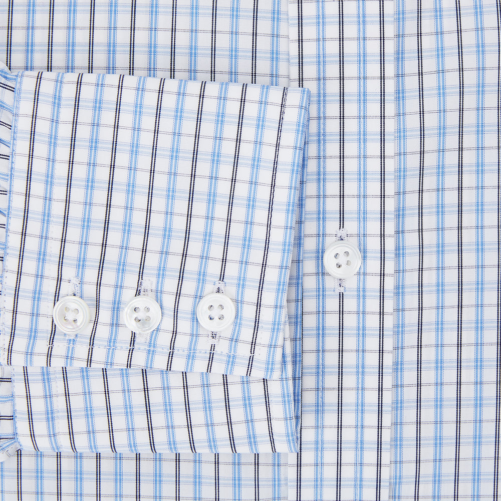 The Turnbull & Asser Navy and Blue Multi Check Mayfair Shirt features a crisp blue and navy check pattern, T&A collar, long sleeves, and a tailored Mayfair fit.