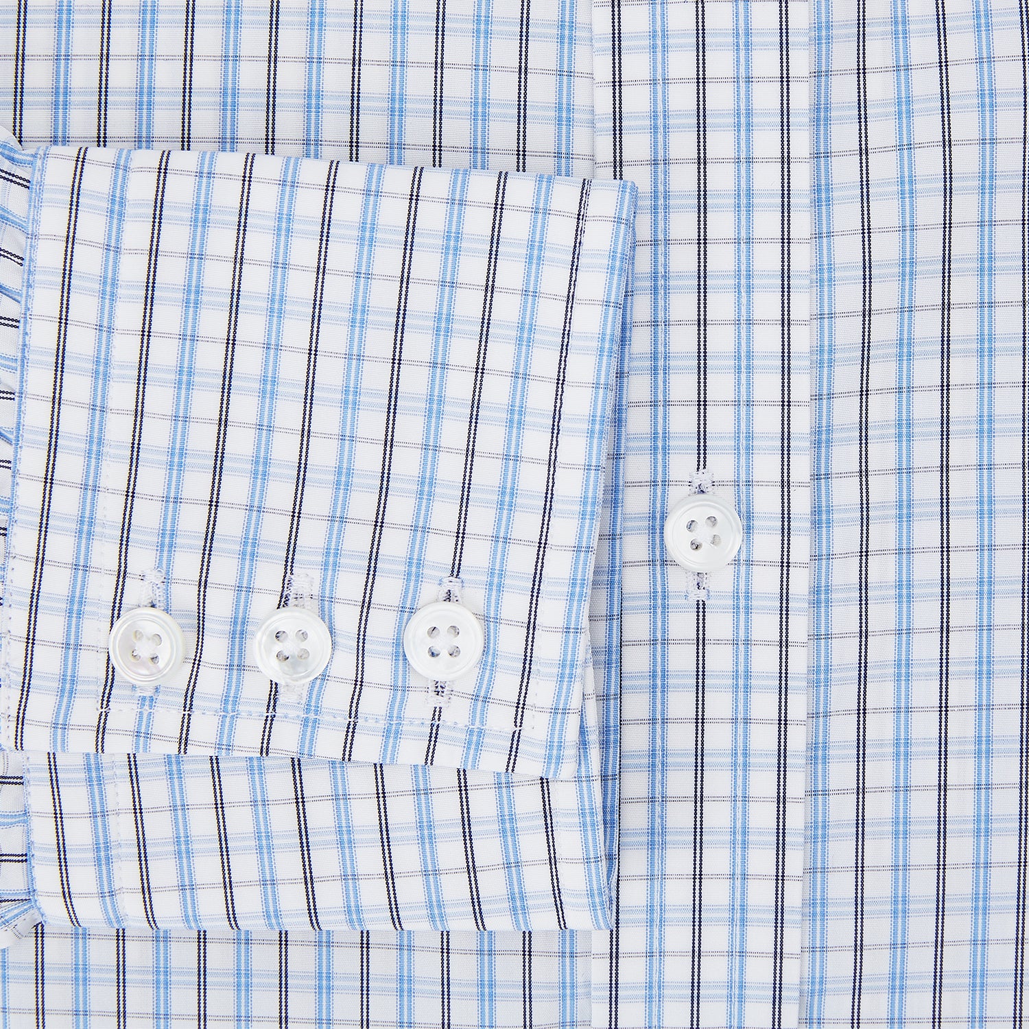 View 4 of product The Turnbull & Asser Navy and Blue Multi Check Mayfair Shirt features a crisp blue and navy check pattern, T&A collar, long sleeves, and a tailored Mayfair fit.