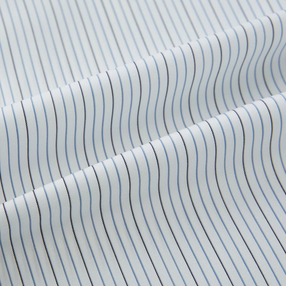 The Turnbull & Asser Grey and Blue Pinstripe Westminster Shirt features fine stripes, a classic collar, and buttoned cuffs—showcasing signature British craftsmanship against a plain white backdrop.
