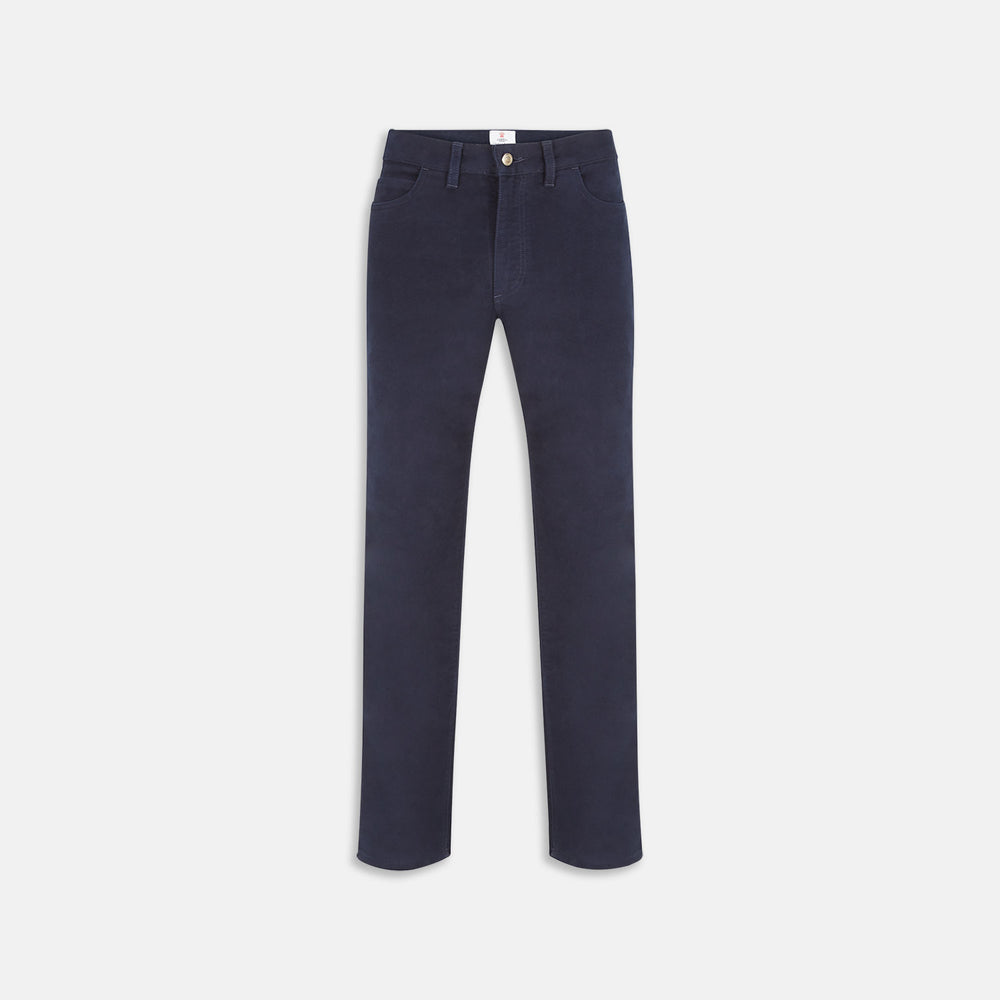 Turnbull & Asser Navy Moleskin Trousers featuring straight-leg design, front and back pockets, button closure, and belt loops, showcased on a plain white background.