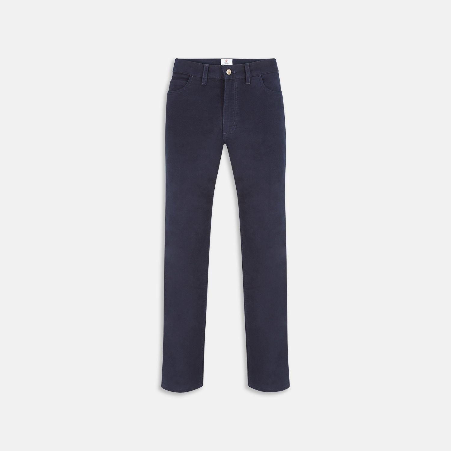 View 1 of product Turnbull & Asser Navy Moleskin Trousers featuring straight-leg design, front and back pockets, button closure, and belt loops, showcased on a plain white background.