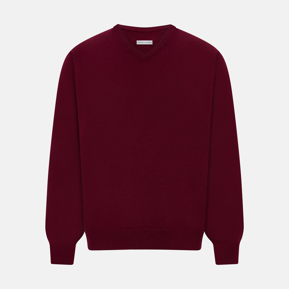 The Turnbull & Asser Burgundy Cashmere V-neck Jumper is shown on a white background.