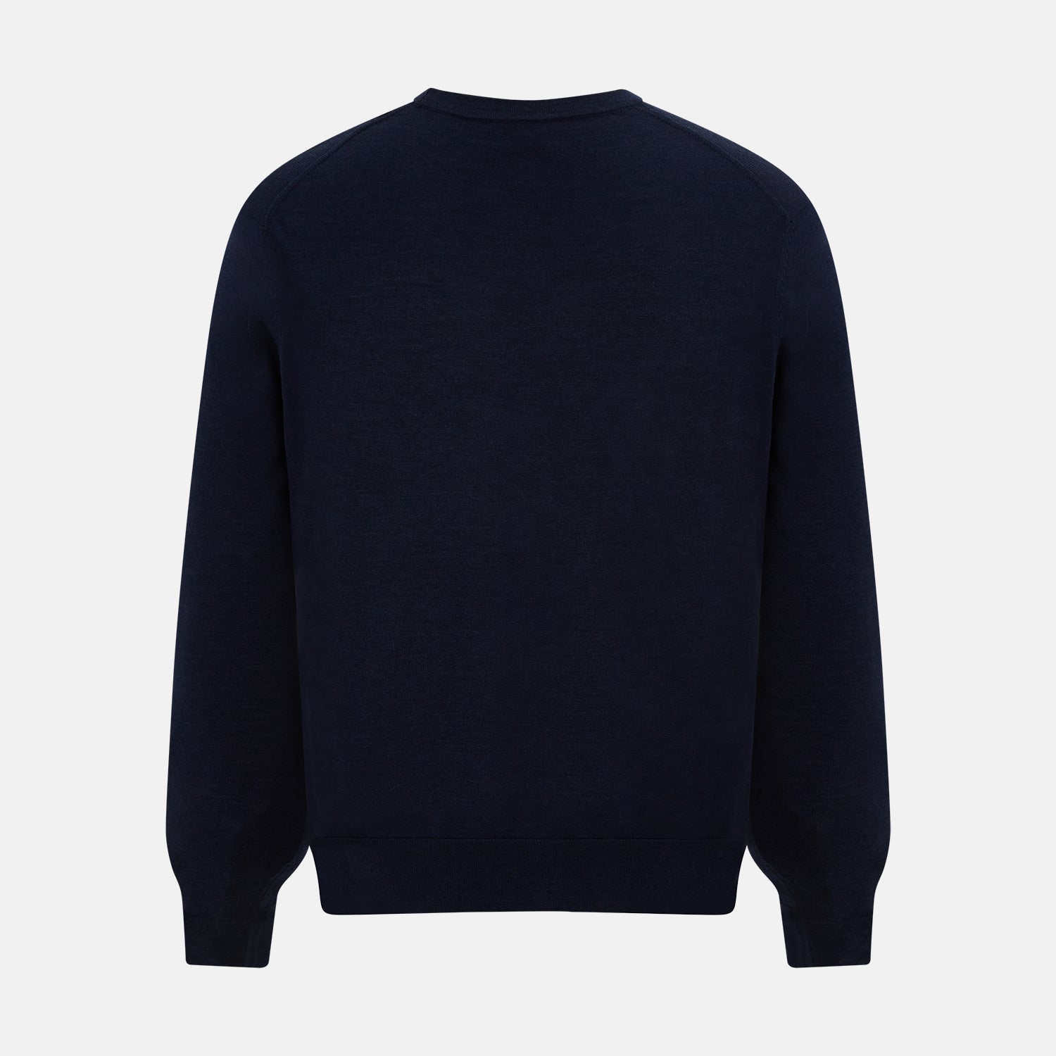 View 3 of product The Turnbull & Asser Navy Fine Merino V-Neck Cardigan features long sleeves, ribbed cuffs and hem, and is crafted from premium yarn for comfort and style, shown on a white background.