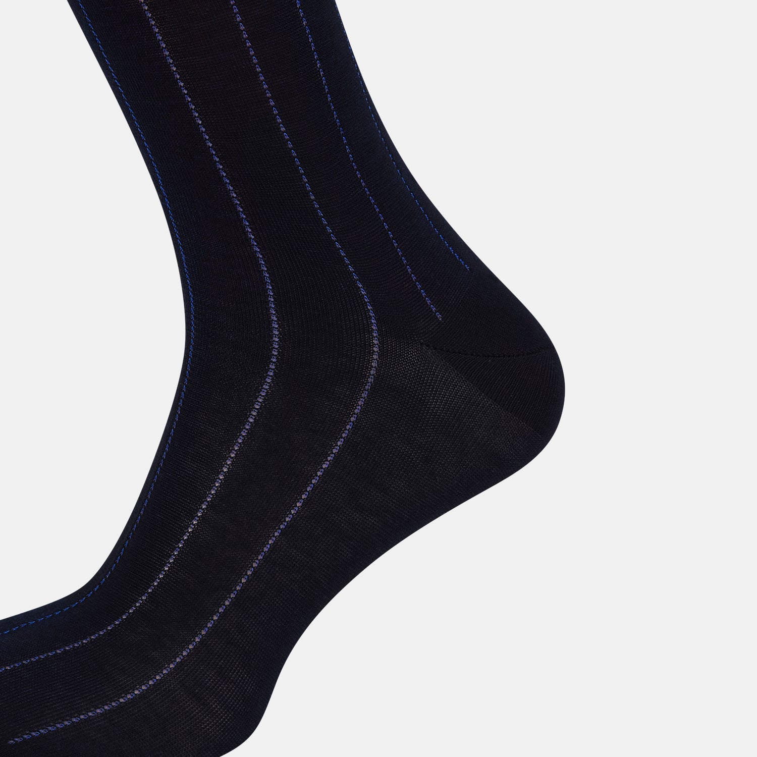 View 4 of product The Azzurro Dash Striped Mid-Length Sock by Turnbull & Asser features a single black sock with thin vertical light blue stripes, displayed on a plain white background. Comfortable mid-calf fit, ideal for everyday wear.