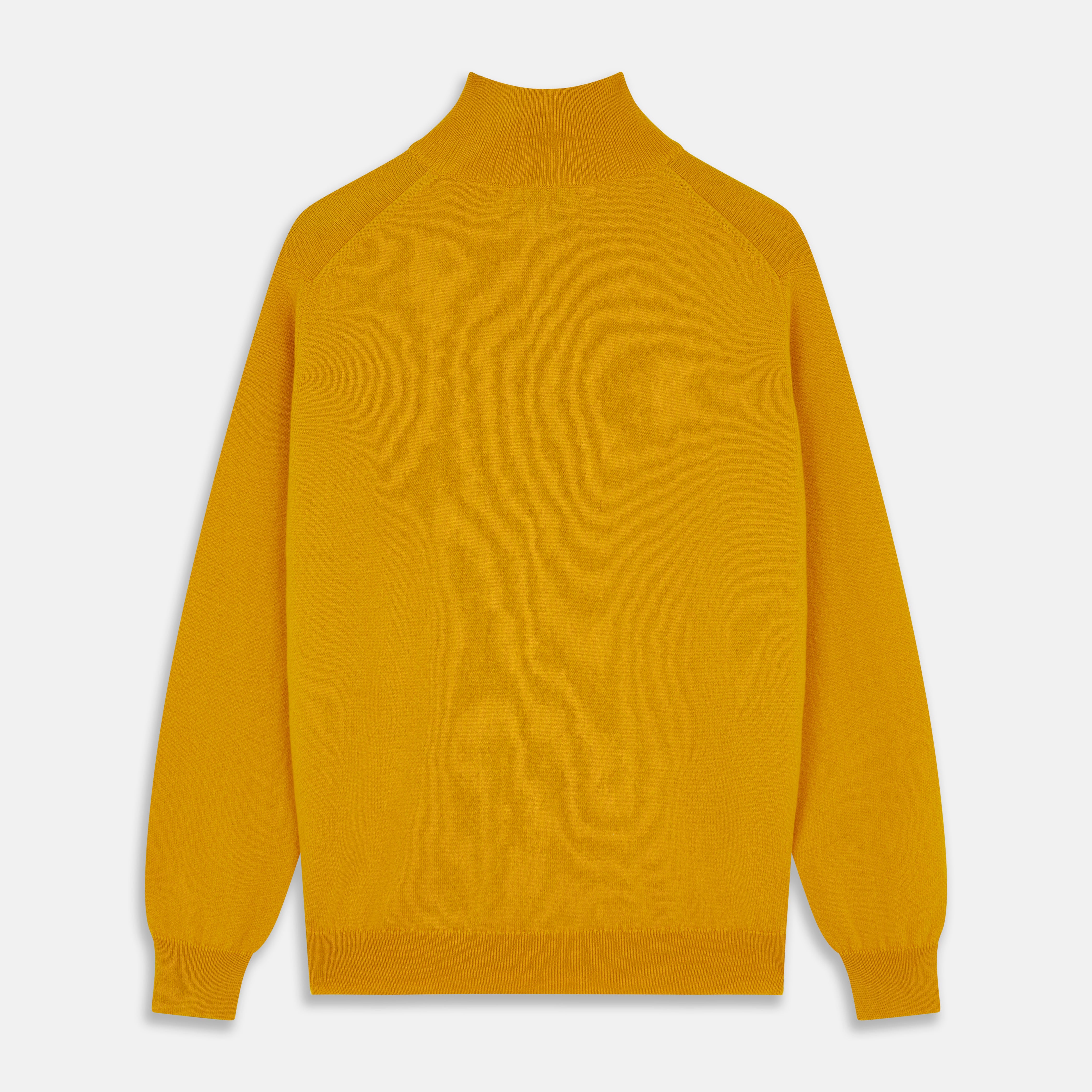 View 3 of product The Gold Lennox Cashmere Half-Zip Jumper by Turnbull & Asser features a high collar and is shown in mustard yellow, laid flat on a white background.