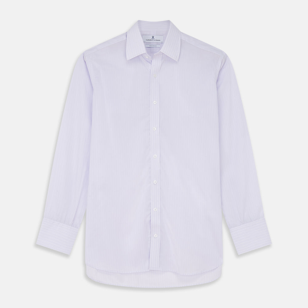The Turnbull & Asser Soft Lilac Stripe Cotton Regular Fit Mayfair Shirt features a classic collar, cuffed long sleeves, and subtle vertical stripes, shown on a plain white background.