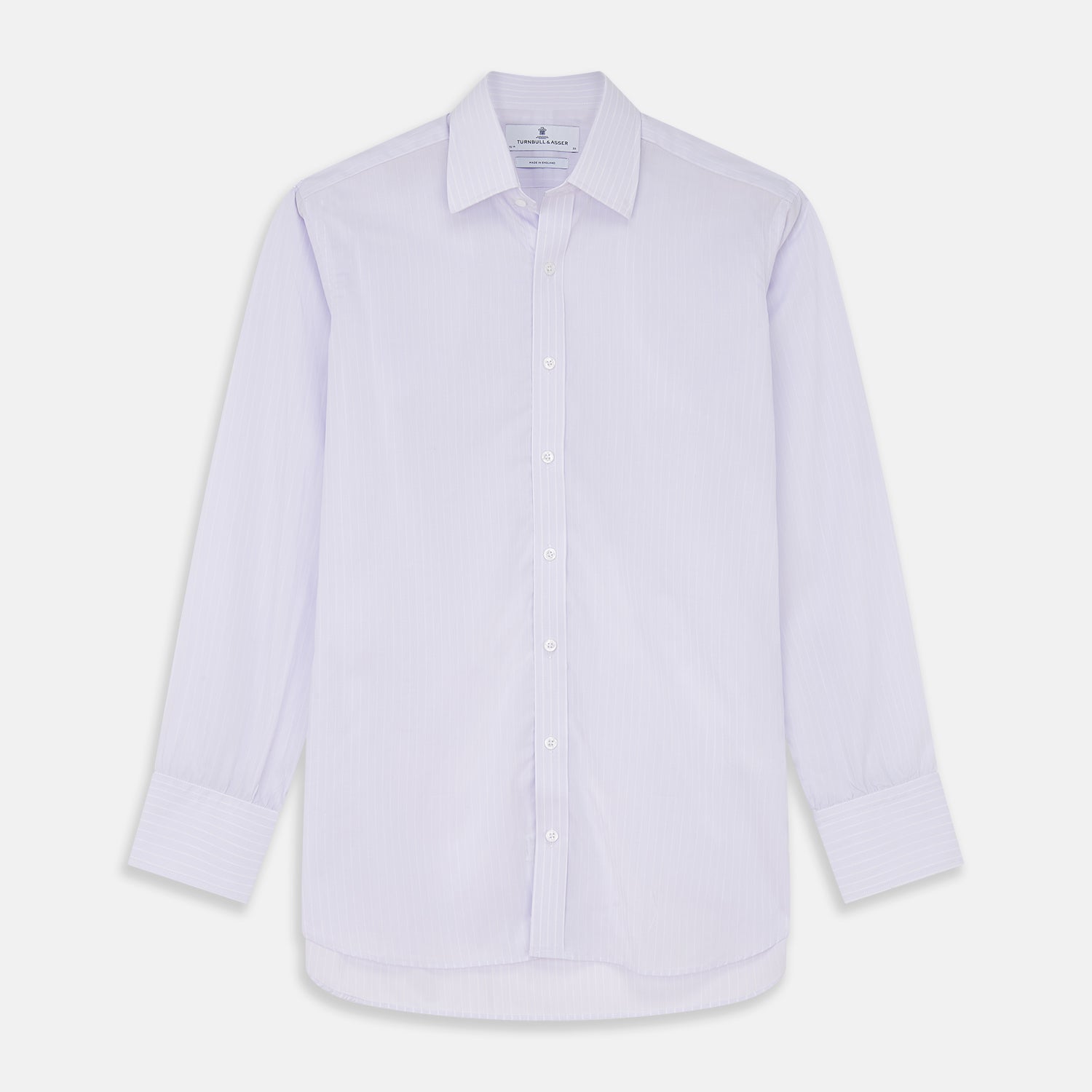 View 1 of product The Turnbull & Asser Soft Lilac Stripe Cotton Regular Fit Mayfair Shirt features a classic collar, cuffed long sleeves, and subtle vertical stripes, shown on a plain white background.