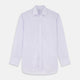 The Turnbull & Asser Soft Lilac Stripe Cotton Regular Fit Mayfair Shirt features a classic collar, cuffed long sleeves, and subtle vertical stripes, shown on a plain white background.
