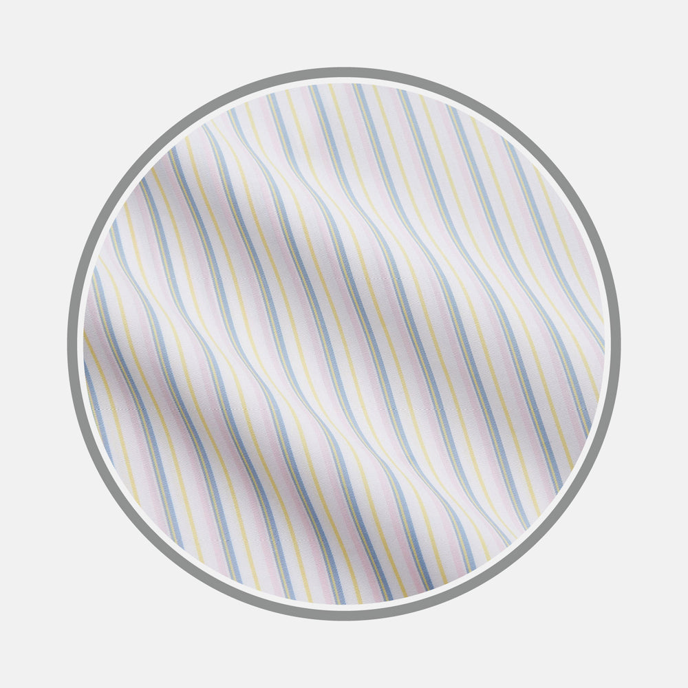 A close-up of Turnbull & Asser's Green Multi Stripe Cotton Fabric displays thin pastel blue, yellow, pink, and green stripes on a white background inside a circular frame.