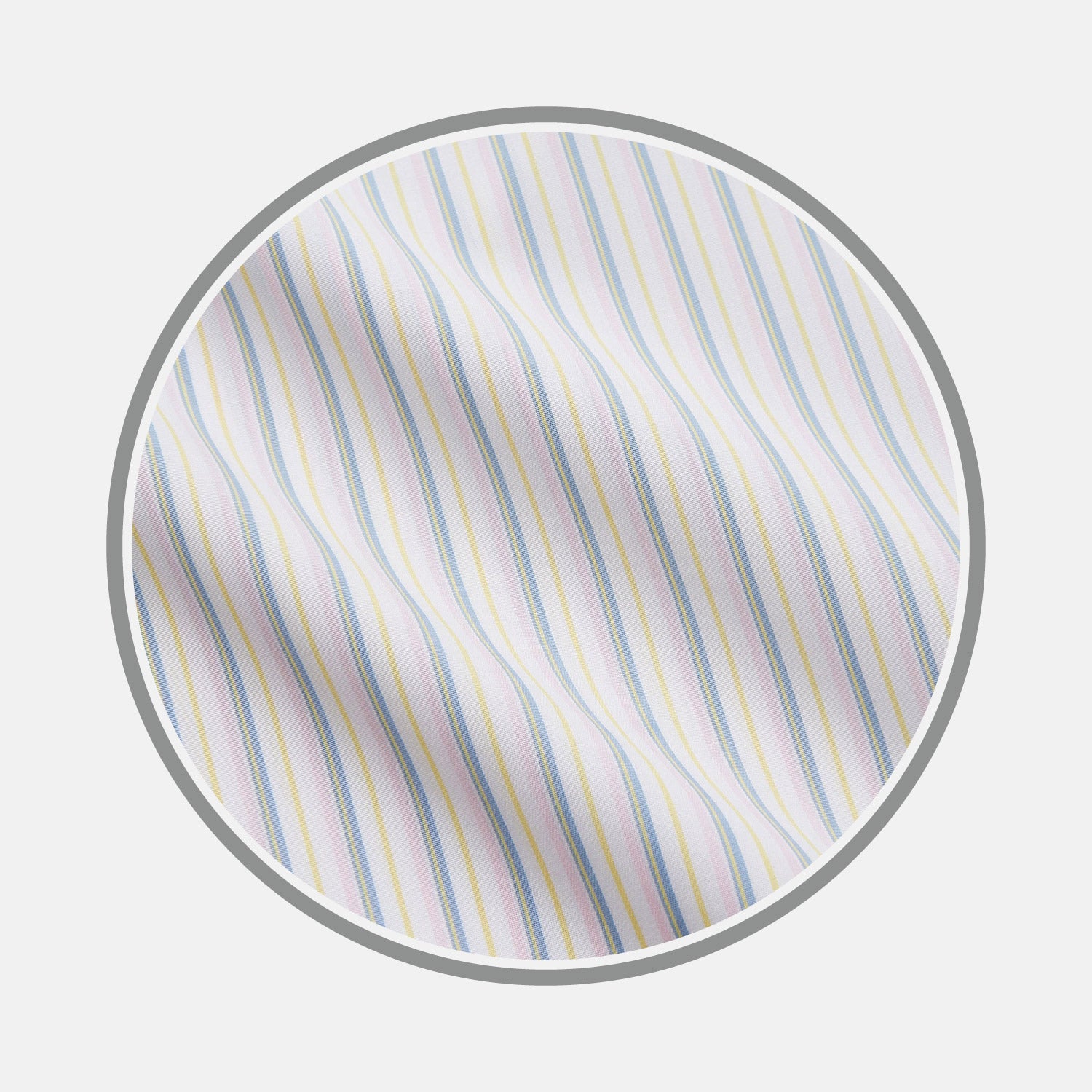 View 1 of product A close-up of Turnbull & Asser's Green Multi Stripe Cotton Fabric displays thin pastel blue, yellow, pink, and green stripes on a white background inside a circular frame.