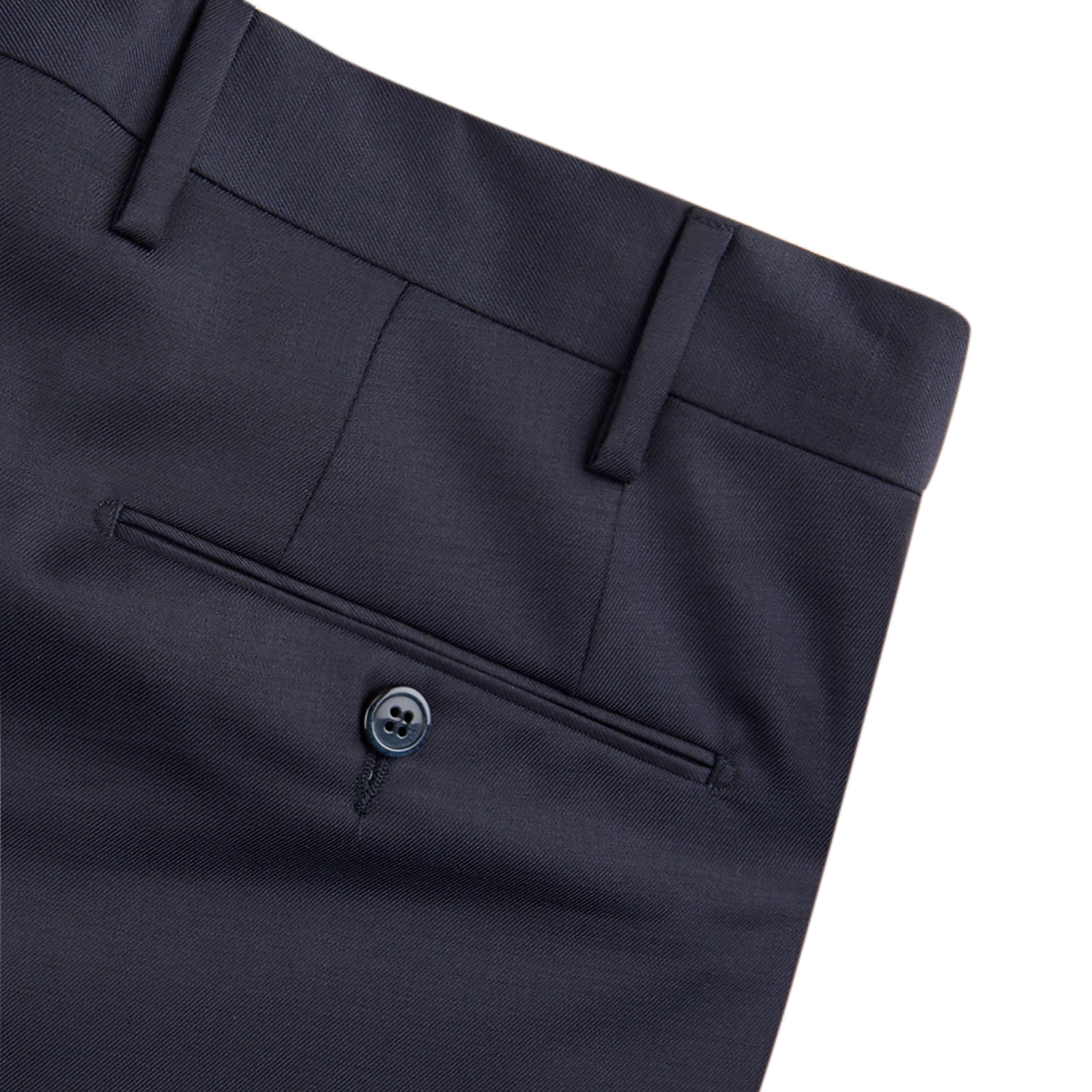View 2 of product Turnbull & Asser Navy Cotton Trousers shown on a white background, offering a slim fit with front button and zip closure and pressed center creases.