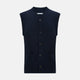 The Turnbull & Asser Navy Cashmere V-neck Sleeveless Cardigan features a button-up closure and two front pockets, ideal for elegant, gentleman-inspired looks, shown on a plain white background.