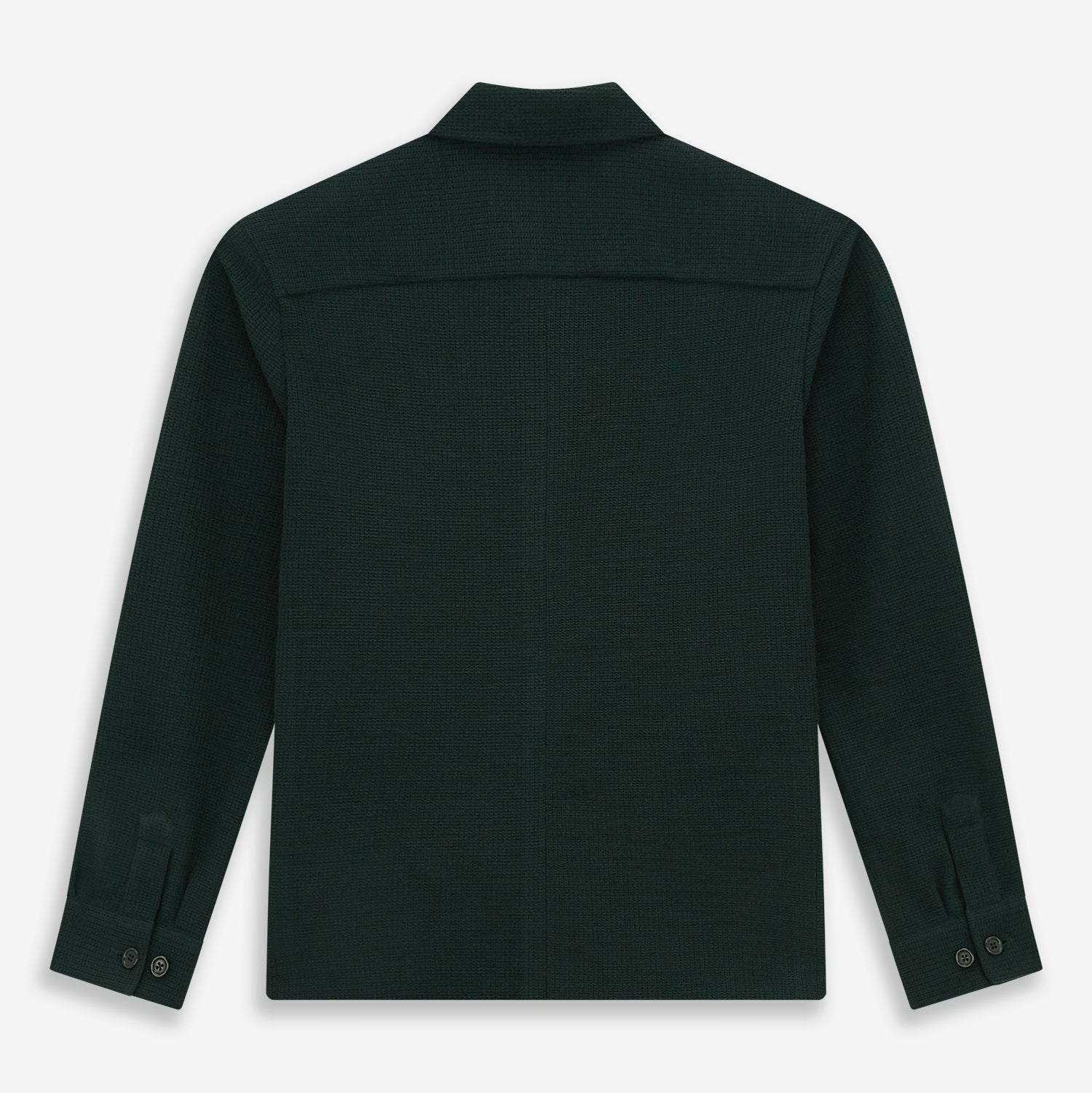 View 3 of product The Forest Green Greenwich Knitted Overshirt by Turnbull & Asser, crafted from Italian wool, features long sleeves, a collar, front buttons, and two chest pockets—one flap, one open—shown on a white background.