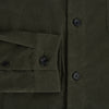 View 4 of product The Turnbull & Asser Olive Corduroy Hampstead Overshirt for men features a collar, long sleeves, left chest pocket, and two zippered side pockets, shown laid flat on a white background.