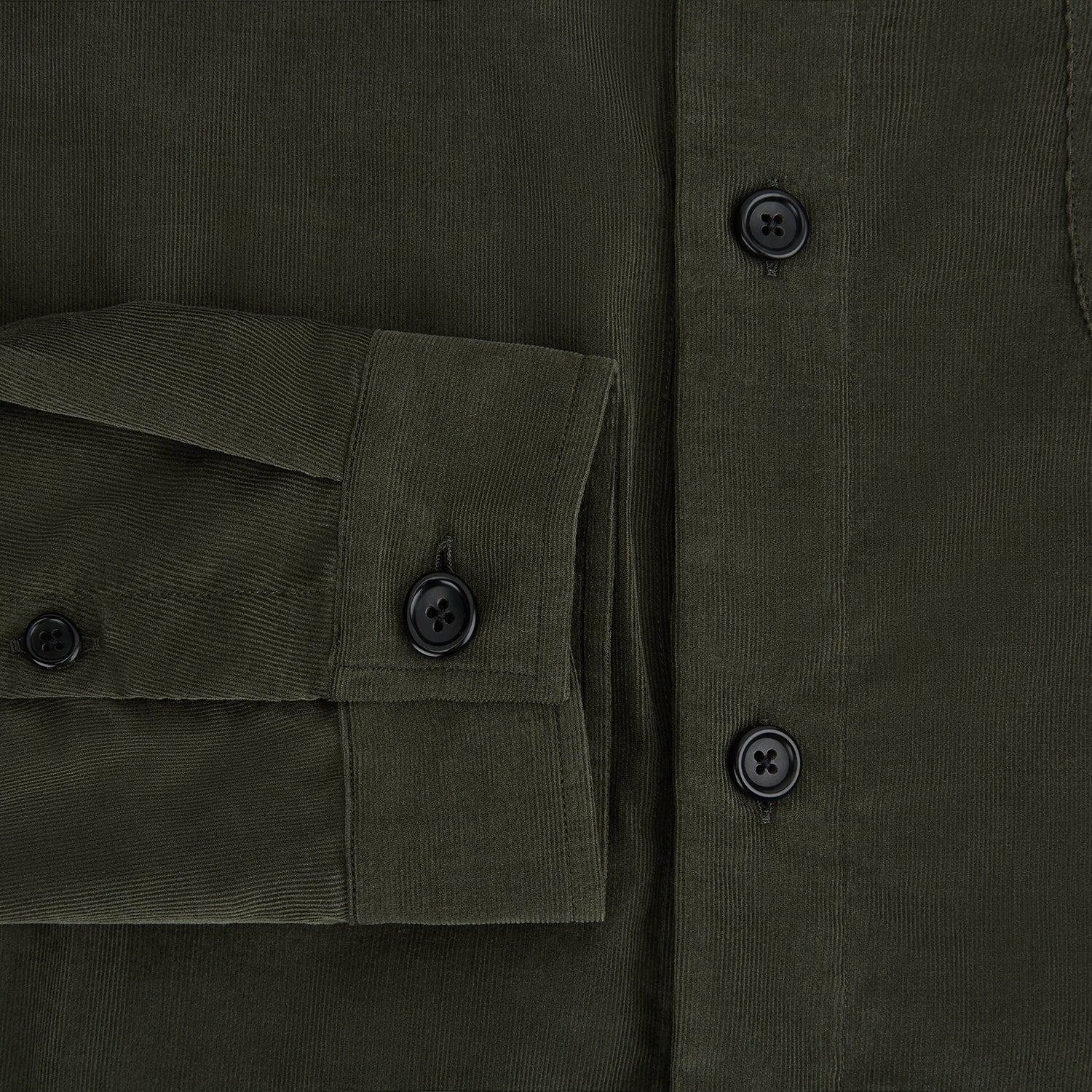 View 4 of product The Turnbull & Asser Olive Corduroy Hampstead Overshirt for men features a collar, long sleeves, left chest pocket, and two zippered side pockets, shown laid flat on a white background.
