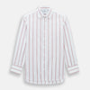 View 1 of product The Turnbull & Asser Dark Red Track Stripe Mayfair Shirt is crafted from Italian cotton, featuring a pointed collar and buttoned cuffs. Displayed against a plain light background.