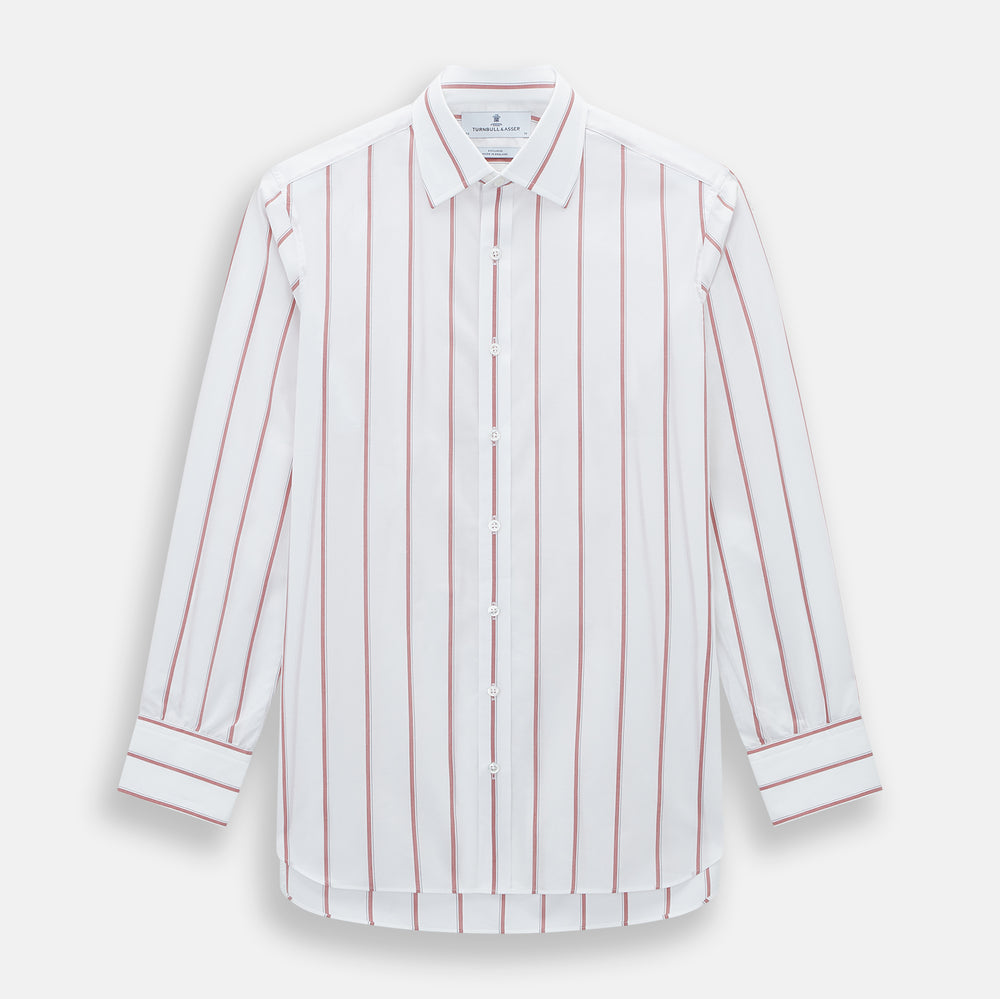 The Turnbull & Asser Dark Red Track Stripe Mayfair Shirt is crafted from Italian cotton, featuring a pointed collar and buttoned cuffs. Displayed against a plain light background.