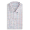View 4 of product The Turnbull & Asser Pink Multi Double Grid Check Mayfair Shirt, made from organic cotton with a pointed collar and buttoned cuffs, features a light pink base with blue and red grid checks and is shown flat on a white background.
